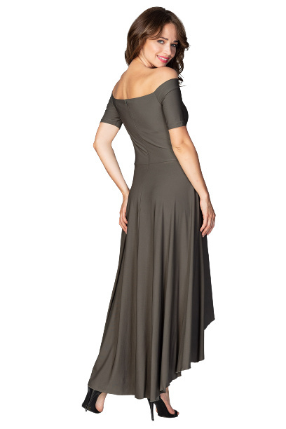 Sukienka Maxi - Asymetryczna Z Odkrytymi Ramionami - oliwkowa